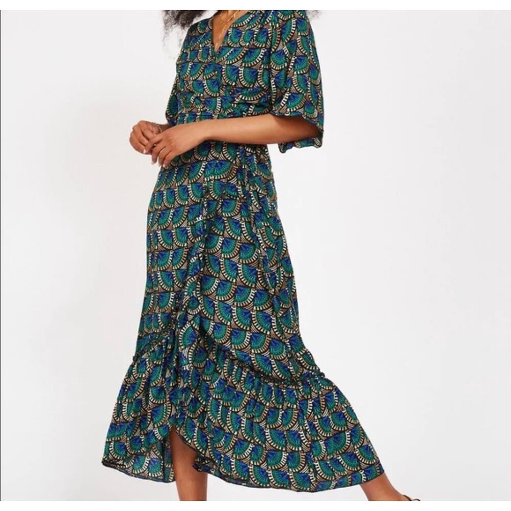 Silk and Salt Journey Maxi Wrap Dress Women Medium Blue Green Excellent